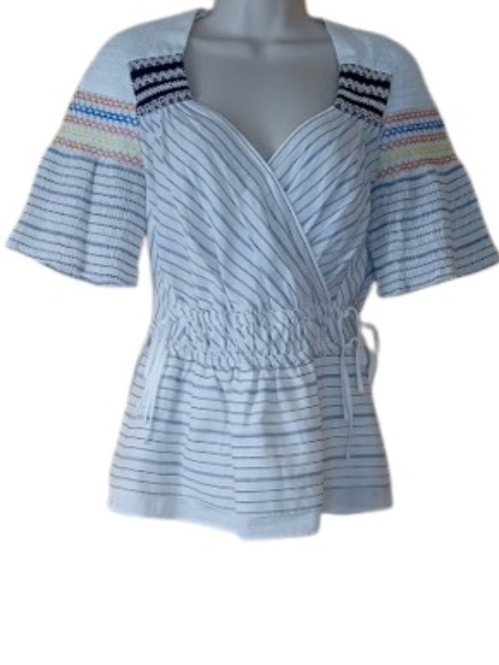 Peter Pilotto Womens Sky Blouse Variegated Stripe Drawstring Waist Cotton Silk 4